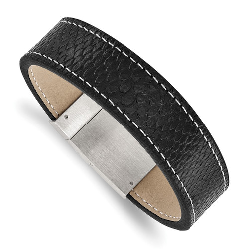 Lex & Lu Chisel Stainless Steel Brushed Black Leather Bracelet 8.25'' LAL41166 - Lex & Lu