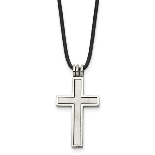 Lex & Lu Chisel Stainless Steel Leather Cord Cross Necklace 18'' LAL41311 - Lex & Lu