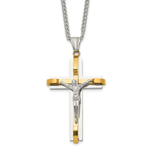 Lex & Lu Chisel Stainless Steel Yellow IP Crucifix Necklace 24'' LAL41382 - Lex & Lu