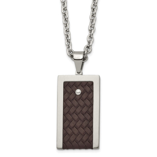 Lex & Lu Chisel Stainless Steel Reversible & w/Brown Leather Necklace LAL41388 - Lex & Lu