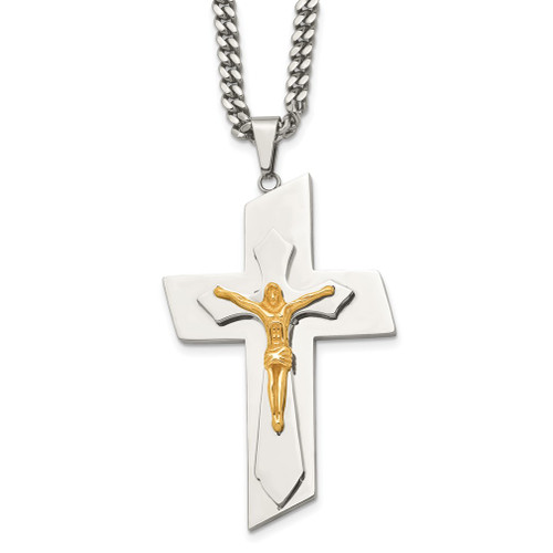 Lex & Lu Chisel Stainless Steel & Yellow Plated Crucifix Necklace 24'' LAL41422 - Lex & Lu