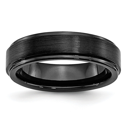 Lex & Lu Chisel Black Ceramic Ridged Edge 6mm Brushed and Polished Band Ring - Lex & Lu