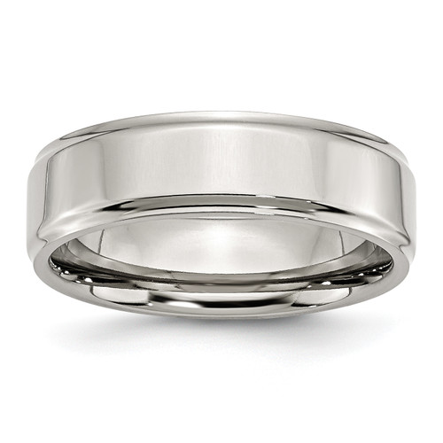 Lex & Lu Chisel Stainless Steel Ridged Edge 7mm Polished Band Ring - Lex & Lu