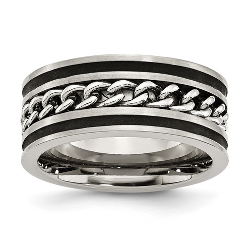Lex & Lu Chisel Stainless Steel Black Plated Brushed 10mm Band Ring - Lex & Lu