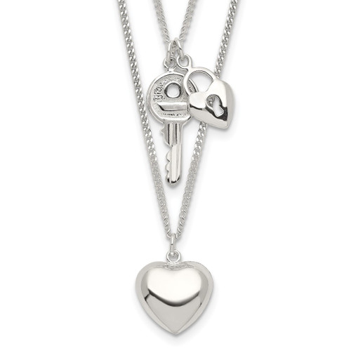 Lex & Lu Sterling Silver Double Heart & Key Necklace 18'' - Lex & Lu