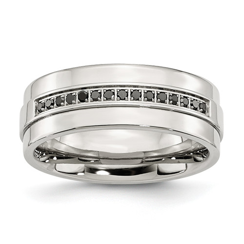 Lex & Lu Chisel Stainless Steel Polished & Black Diamonds 8mm Band Ring - Lex & Lu