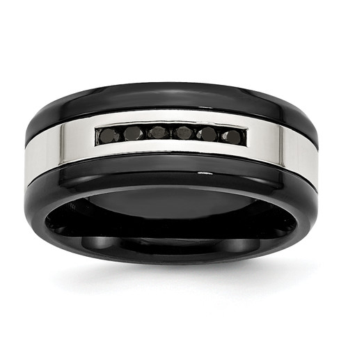 Lex & Lu Chisel Stainless Steel Blk IP-plated w/Black Diamonds 9mm Band Ring - Lex & Lu