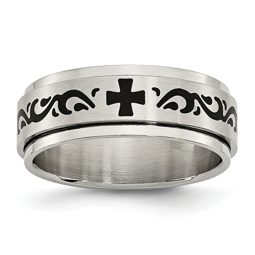 Lex & Lu Chisel Stainless Steel Enamel Swirl Design 8mm Brushed Band Ring - Lex & Lu