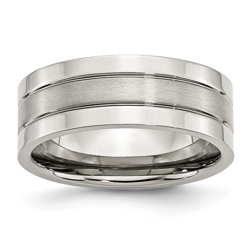 Lex & Lu Chisel Stainless Steel Grooved 8mm Satin and Polished Band Ring - Lex & Lu