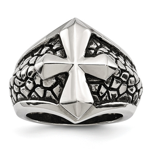 Lex & Lu Chisel Stainless Steel Antiqued Cross & Caviar Ring - Lex & Lu