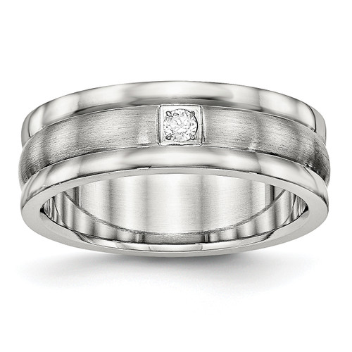 Lex & Lu Chisel Stainless Steel Polished and Brushed Grooved CZ Ring - Lex & Lu