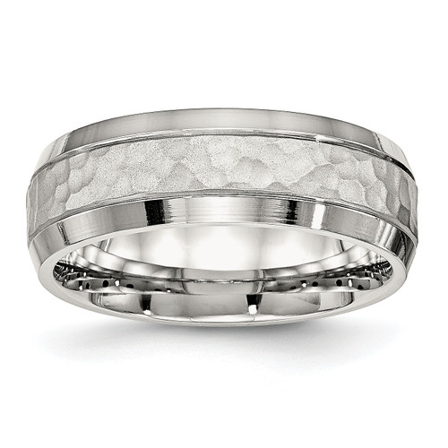 Lex & Lu Chisel Stainless Steel Brushed and Polished Hammered 7.50mm Band Ring - Lex & Lu