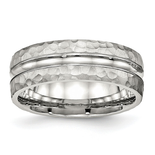 Lex & Lu Chisel Stainless Steel Polished Hammered and Grooved 7.50mm Band Ring - Lex & Lu