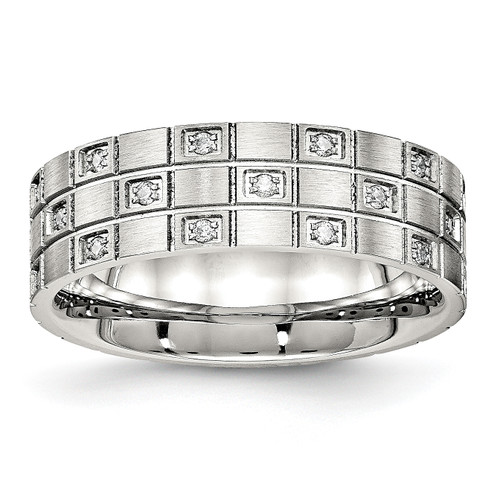 Lex & Lu Chisel Stainless Steel Brushed Grooved CZ Ring - Lex & Lu