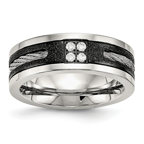 Lex & Lu Chisel Stainless Steel Laser-cut Blk IP Wire Inlay CZ Band Ring - Lex & Lu