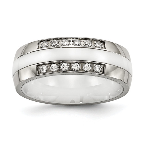 Lex & Lu Chisel Stainless Steel Polished White Ceramic CZ Ring