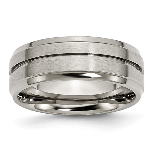 Lex & Lu Chisel Titanium Grooved Ridged Edge 8mm Brushed and Polished Band Rin - Lex & Lu