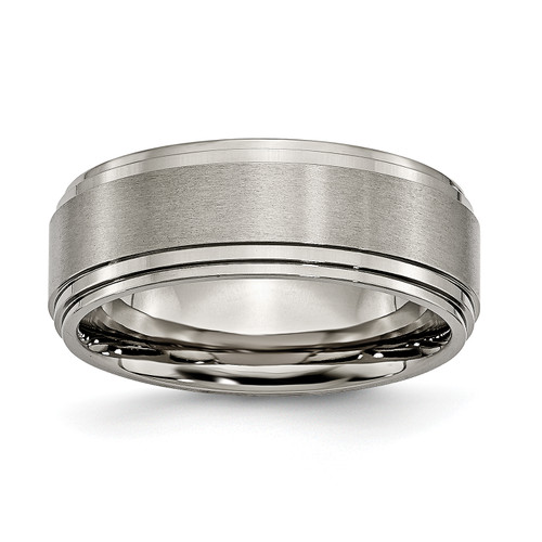 Lex & Lu Chisel Titanium Double Step Ridged Edge 8mm Satin & Polished Band Ring - Lex & Lu