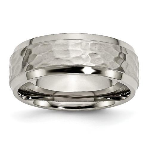 Lex & Lu Chisel Titanium 8mm Beveled Edge, Hammered and Polished Band Ring - Lex & Lu