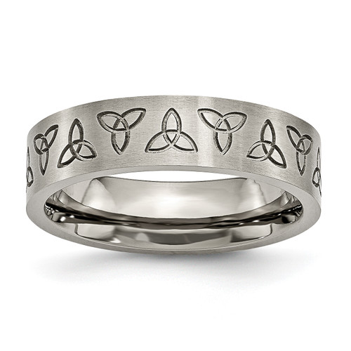 Lex & Lu Chisel Titanium Flat Engraved Trinity Symbol Brushed 6mm Band Ring - Lex & Lu