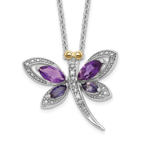 Lex & Lu Sterling Silver & 14K Amethyst & Iolite & Diamond Dragonfly Necklace - Lex & Lu