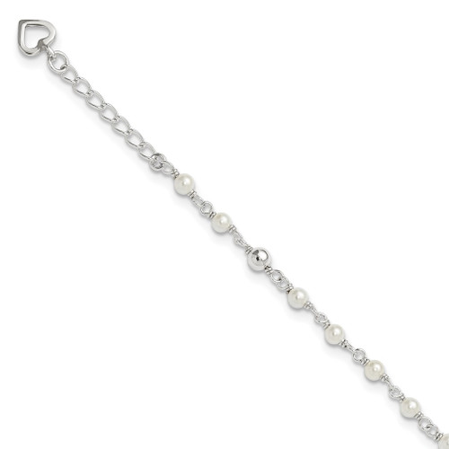 Lex & Lu Sterling Silver Polished Freshwater Cultured Pearl & Heart Anklet 10'' - Lex & Lu