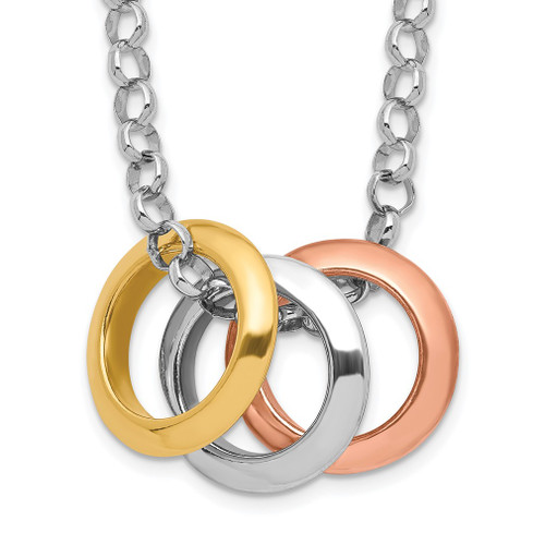 Lex & Lu Sterling Silver Rhod Plated, Yellow GP & Rose GP, 3 Circle Necklace 16'' - Lex & Lu