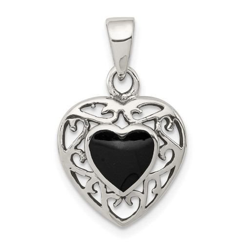 Lex & Lu Sterling Silver Onyx Heart Antiqued Pendant - Lex & Lu