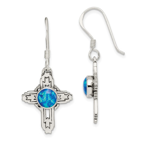 Lex & Lu Sterling Silver Antiqued Created Opal Cross Earrings - Lex & Lu