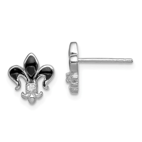 Lex & Lu Sterling Silver w/Rhodium CZ & Enamel Fleur de lis Post Earrings - Lex & Lu