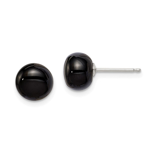 Lex & Lu Sterling Silver 8-8.5mm Button Black Agate Post Earrings - Lex & Lu