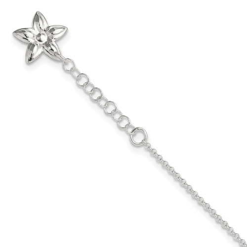 Lex & Lu Sterling Silver Polished Flower Anklet 9'' LAL5937 - Lex & Lu