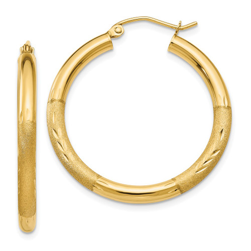 Lex & Lu 10k Yellow Gold Satin & D/C 3mm Round Hoop Earrings LAL72839 - Lex & Lu