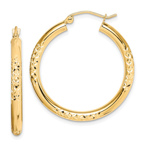 Lex & Lu 10k Yellow Gold D/C 3x30mm Hollow Tube Hoop Earrings - Lex & Lu