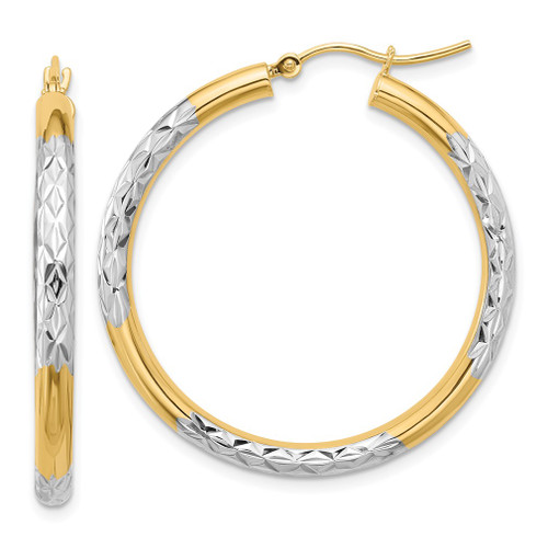 Lex & Lu 10k Yellow Gold w/Rhodium D/C 3mm Hoop Earrings LAL72879 - Lex & Lu