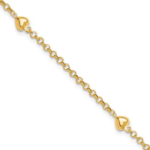 Lex & Lu 14k Yellow Gold 9'' w/1'' ext Puff Heart Anklet - Lex & Lu