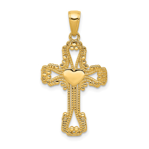 Lex & Lu 14k Yellow Gold Beaded Cross w/Heart Pendant - Lex & Lu