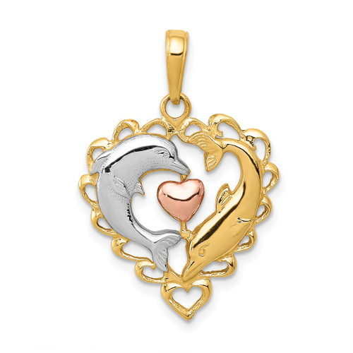 Lex & Lu 14k Two-tone Gold Dolphins in Heart Pendant - Lex & Lu