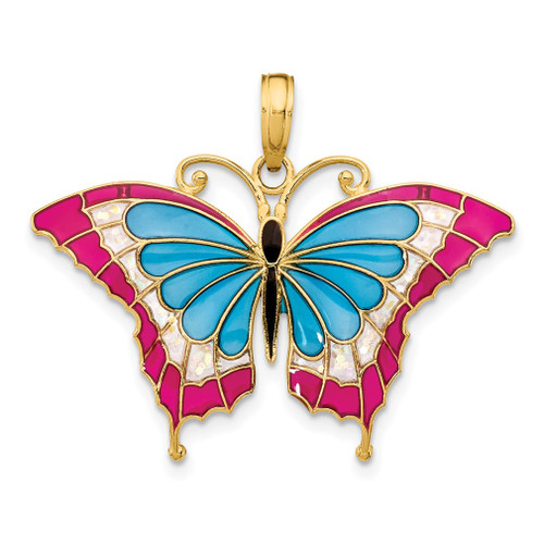 Lex & Lu 14k Yellow Gold Blue Stained Glass Wings Butterfly Pendant w/Acrylic - Lex & Lu