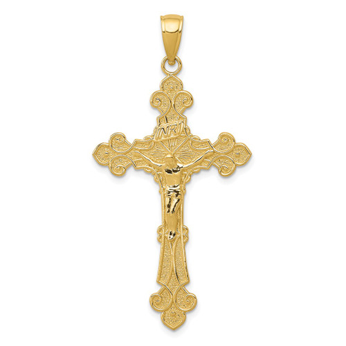 Lex & Lu 14k Yellow Gold Polished Textured INRI Crucifix Fleur de Lis Pendant - Lex & Lu