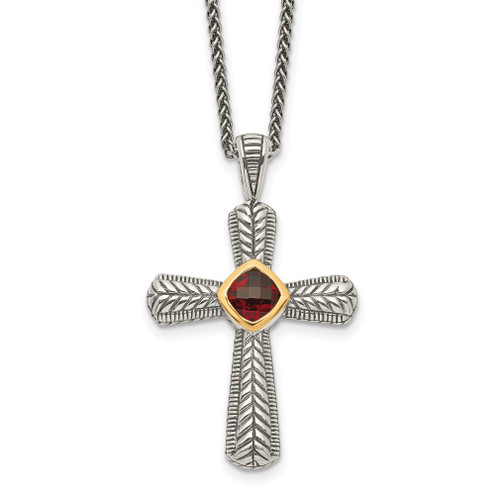 Lex & Lu 14k Yellow Gold w/Sterling Silver Two-tone w/Garnet Cross Necklace - Lex & Lu