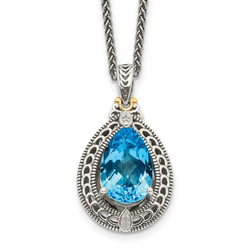 Lex & Lu 14k Yellow Gold w/Sterling Silver Diamond & Blue Topaz Necklace LAL80073 - Lex & Lu