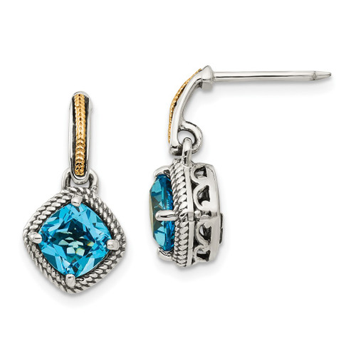 Lex & Lu 14k Yellow Gold w/Sterling Silver Antiqued Blue Topaz Post Earrings - Lex & Lu