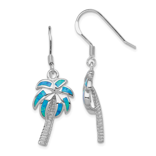 Lex & Lu Sterling Silver Created Blue Opal Inlay Palm Tree Dangle Earrings - Lex & Lu