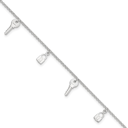 Lex & Lu Sterling Silver Polished Lock & Key Anklet 10'' - Lex & Lu