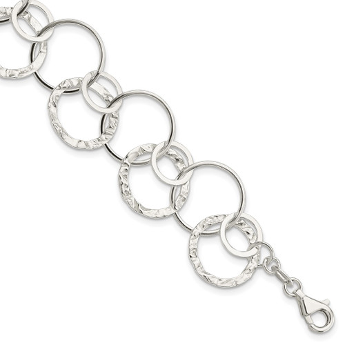 Lex & Lu Sterling Silver Polished & Textured Fancy Circle Link Bracelet 7.5'' - Lex & Lu