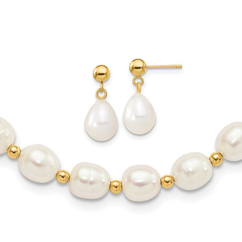 Lex & Lu 14k Yellow Gold Bead & 7-8mm FW Cultured Pearl Necklace Post Dangle Set - Lex & Lu