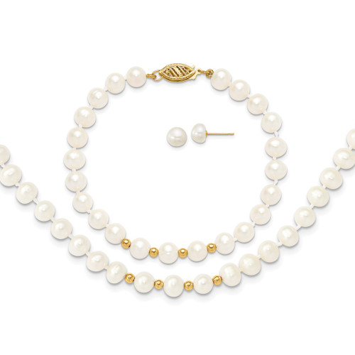 Lex & Lu 14k Yellow Gold bead 18'' FWC Pearl Necklace 7.25'' Bracelet Earrings Set - Lex & Lu