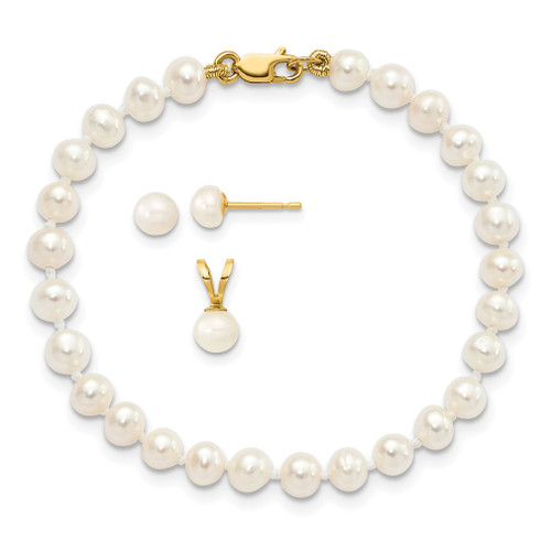 Lex & Lu 14k Yellow Gold 4-5mm FW Cultured Pearl Pendant, Bracelet & Earrings Set - Lex & Lu