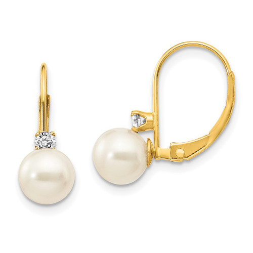 Lex & Lu 14k Yellow Gold 6mm FW Cultured Pearl AA Diamond Leverback Earrings - Lex & Lu